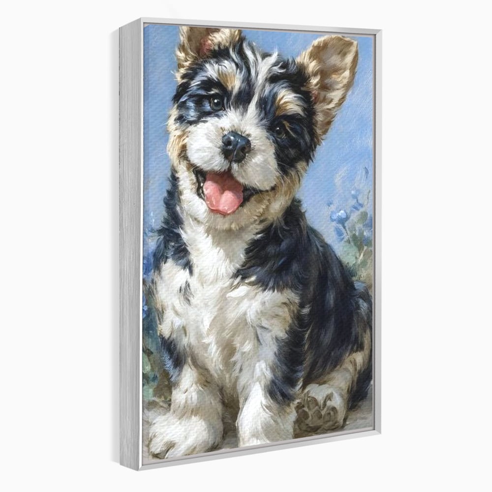 Tablou canvas cu tablou canvas cu catelus pufos, in rama de aluminiu argintiu
